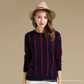 Inverno Casual Navy Blue Vertical Stripe Patterned Cashmere Sweater para mulheres